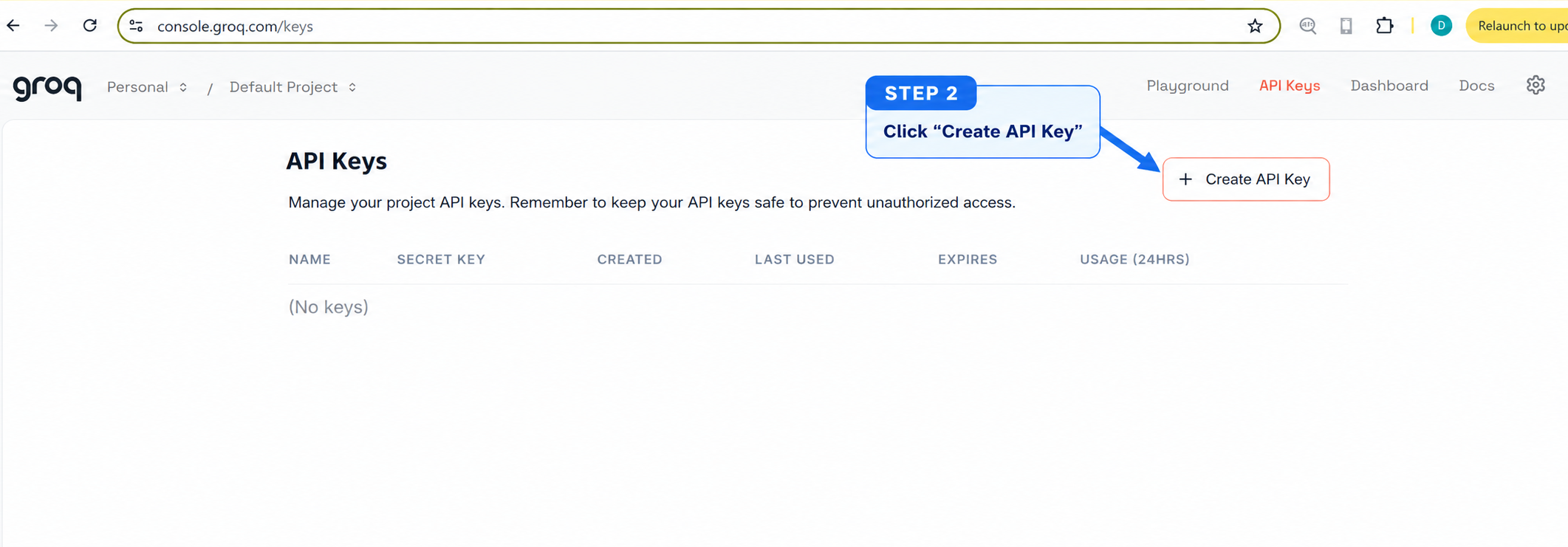 Groq API Keys page with an arrow pointing at the Create API Key button