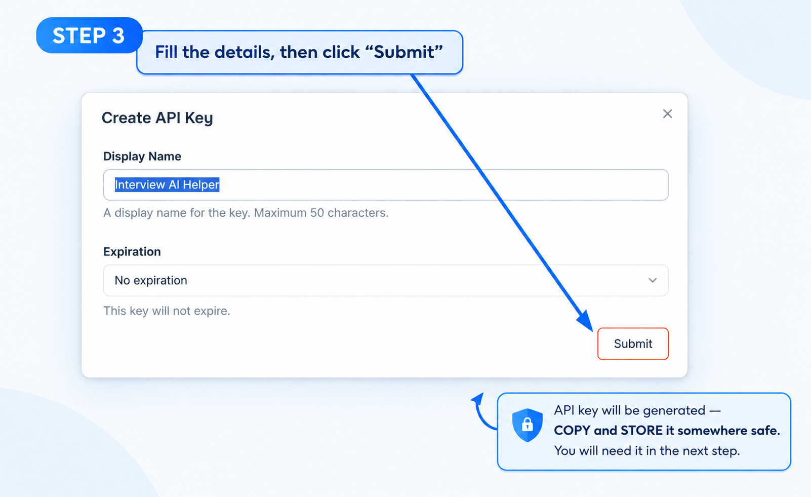 Create API Key dialog with the name filled in and an arrow pointing at Submit