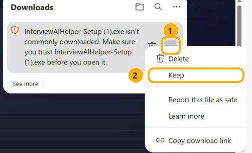 Edge downloads panel: click the three dots next to the file, then Keep