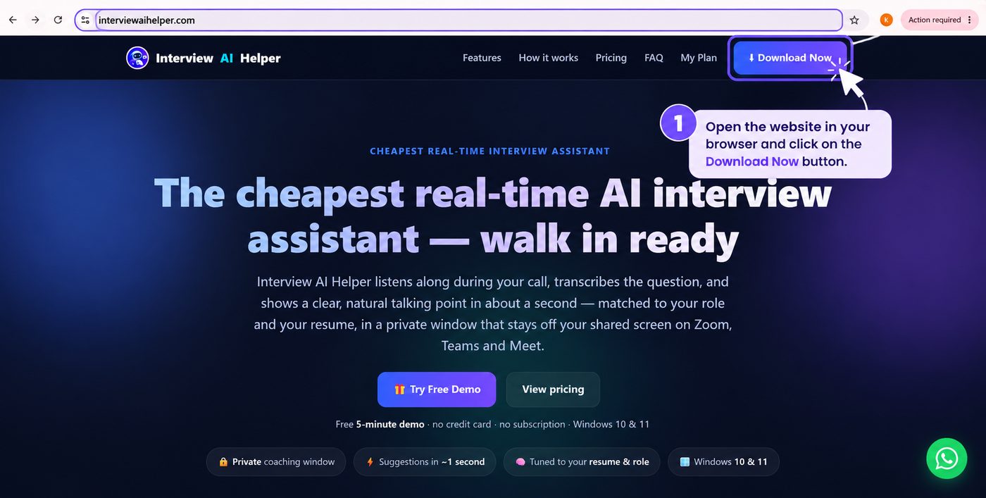 Interview AI Helper homepage with an arrow pointing at the Download Now button