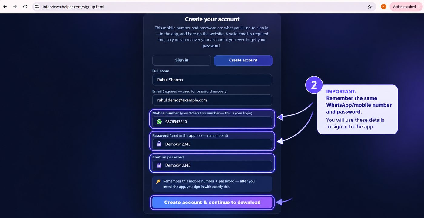 Create account form with name, email, mobile number and password fields