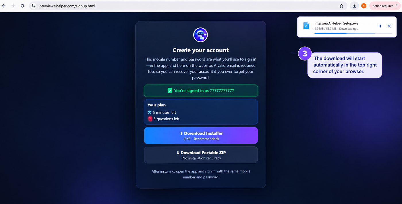 Account created screen with Download Installer and Download Portable ZIP buttons