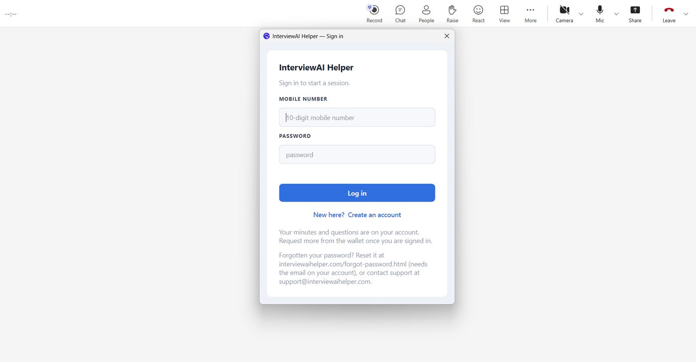 Interview AI Helper sign-in window floating over a video call