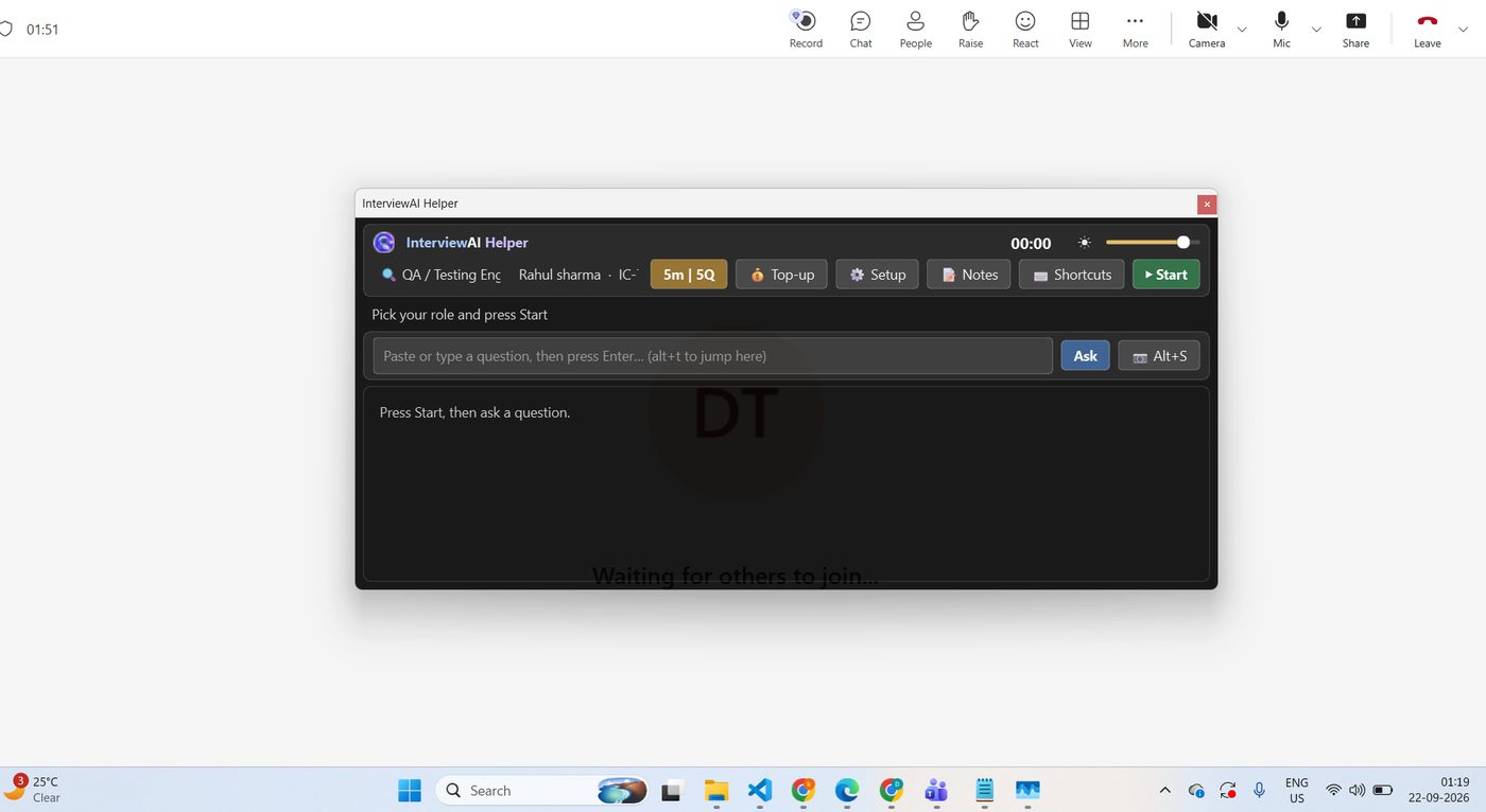 Main Interview AI Helper window after signing in, ready to start