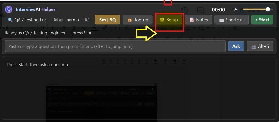 App toolbar with the Setup button highlighted