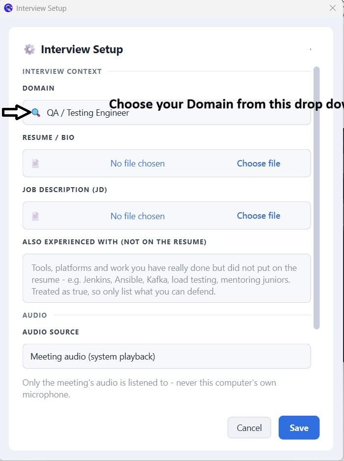 Interview Setup dialog with domain dropdown and resume upload