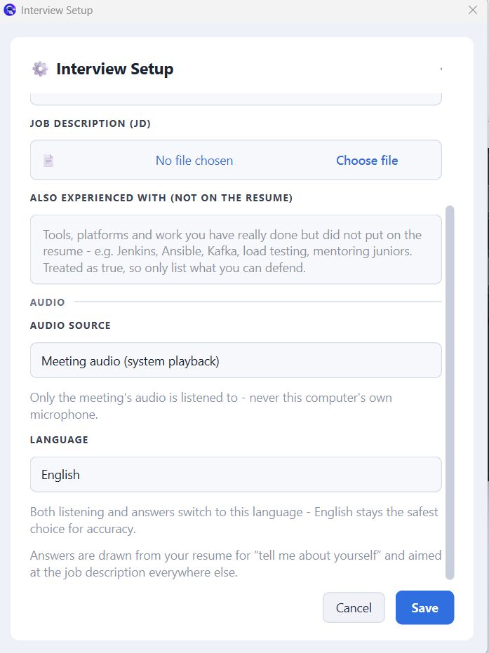Interview Setup dialog with audio source and language settings