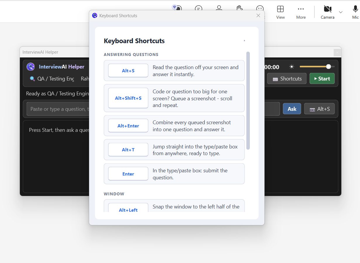 Keyboard shortcuts panel listing Alt+S and other shortcuts