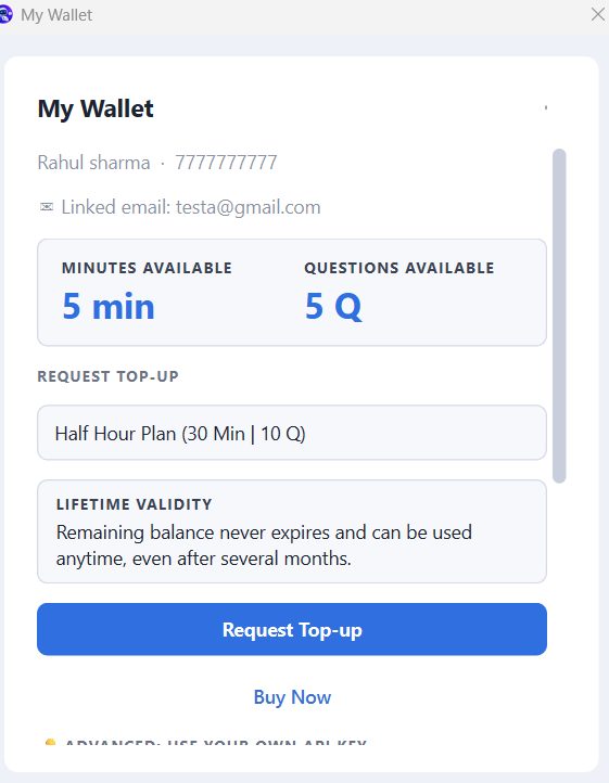 My Wallet screen showing minutes and questions available, with a Request Top-up button