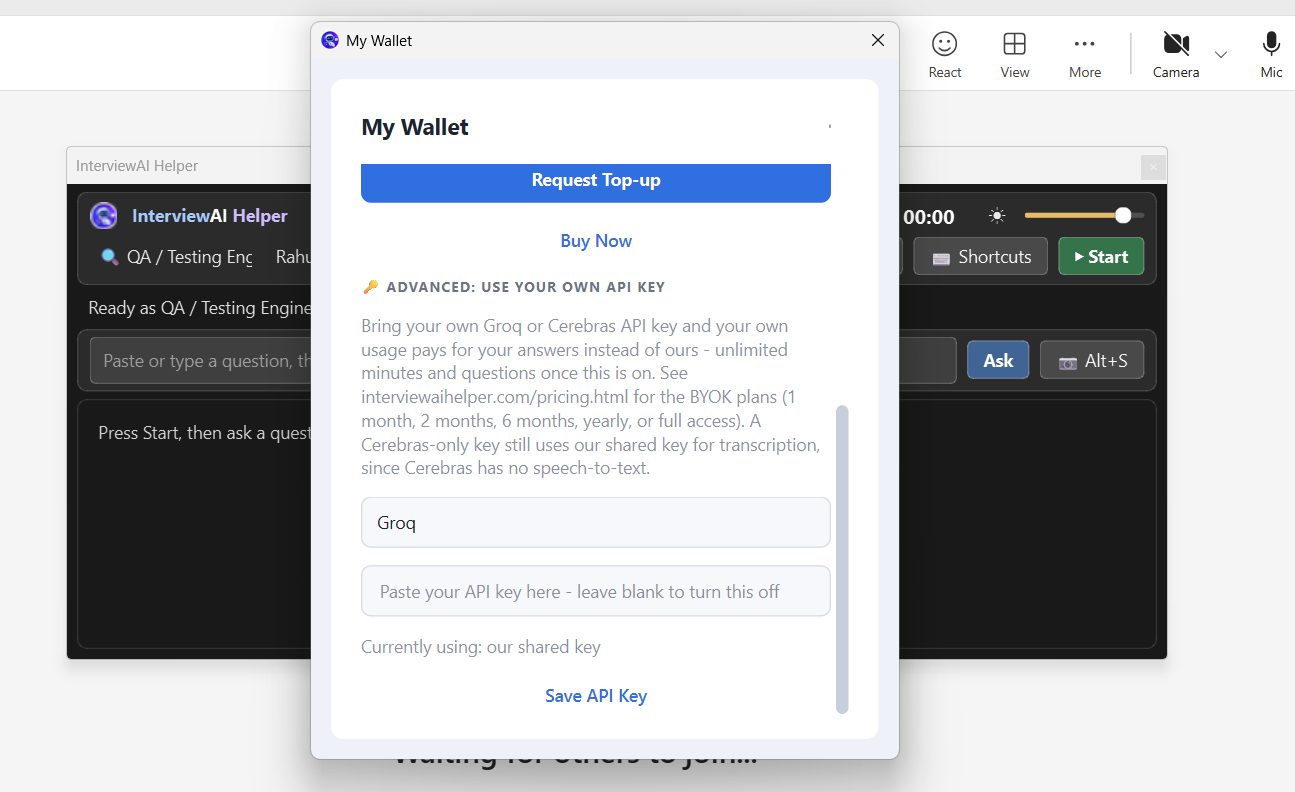 My Wallet Advanced section for pasting a Groq or Cerebras API key