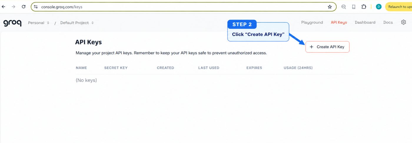 Groq API Keys page with Create API Key button highlighted