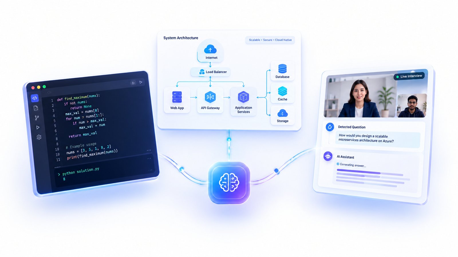Coding editor and system architecture diagram alongside a live interview answer